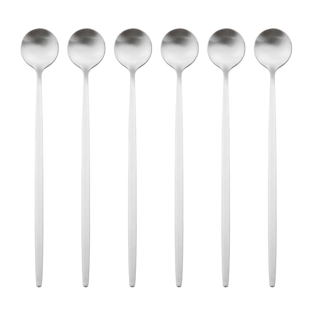 

6 шт./компл., черные столовые приборы с длинной ручкой, матовые ложки из нержавеющей стали, полированные ложки для перемешивания, напитки, мороженое, десерт, чайные ложки, посуда серебряный