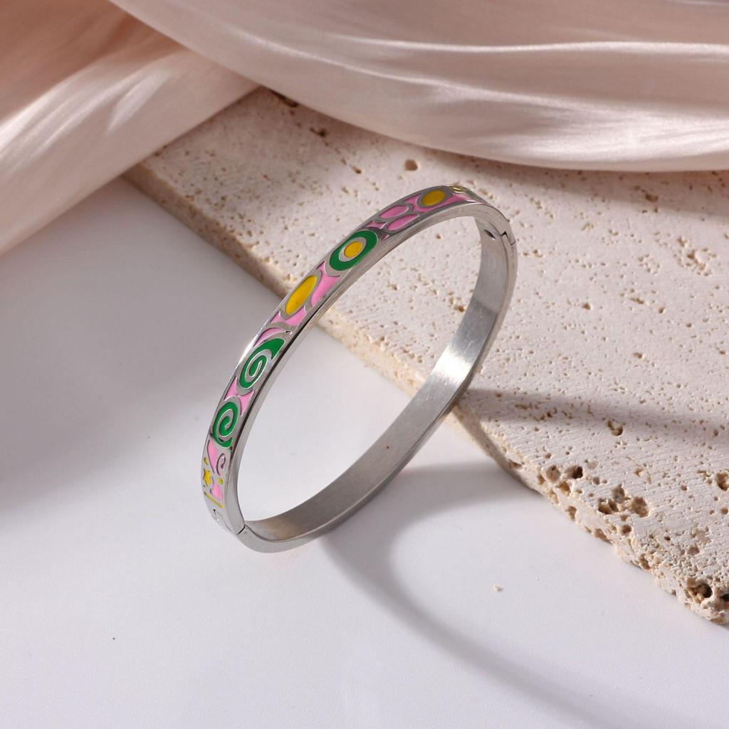 18K Electroplated Women's Retro Enamel Drip Oil Titanium Steel Bracelet, 6mm