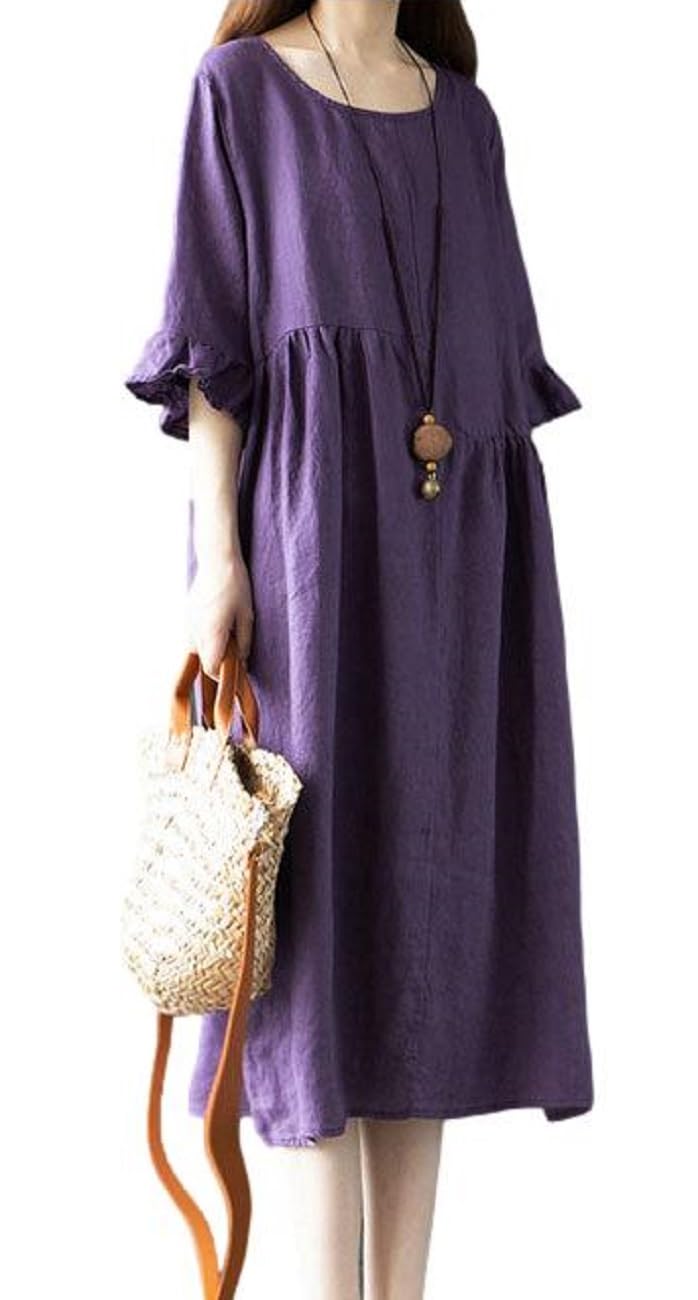 

Платье с оборками, высоким круглым вырезом, сборками, цветное, полуприлегающего кроя, с рукавами 1/2, женское, талия, шея, А-силуэт, рукава, (Фиолетовый, XL) фиолетовый