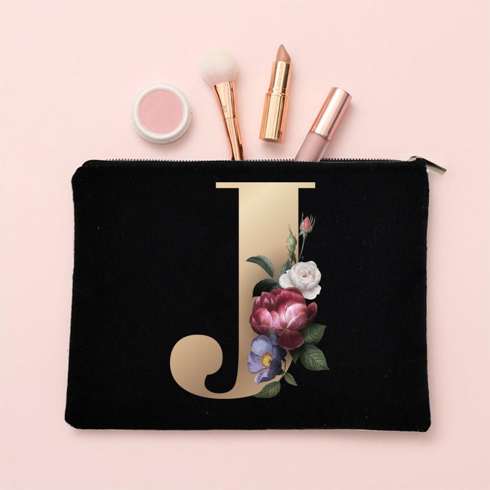 Alphabet Floral Makeup Bag Bridesmaid Maid of Honor Holiday Wedding Bachelorette Party Gift Canvas Cosmetic Zipper Storage Pouch