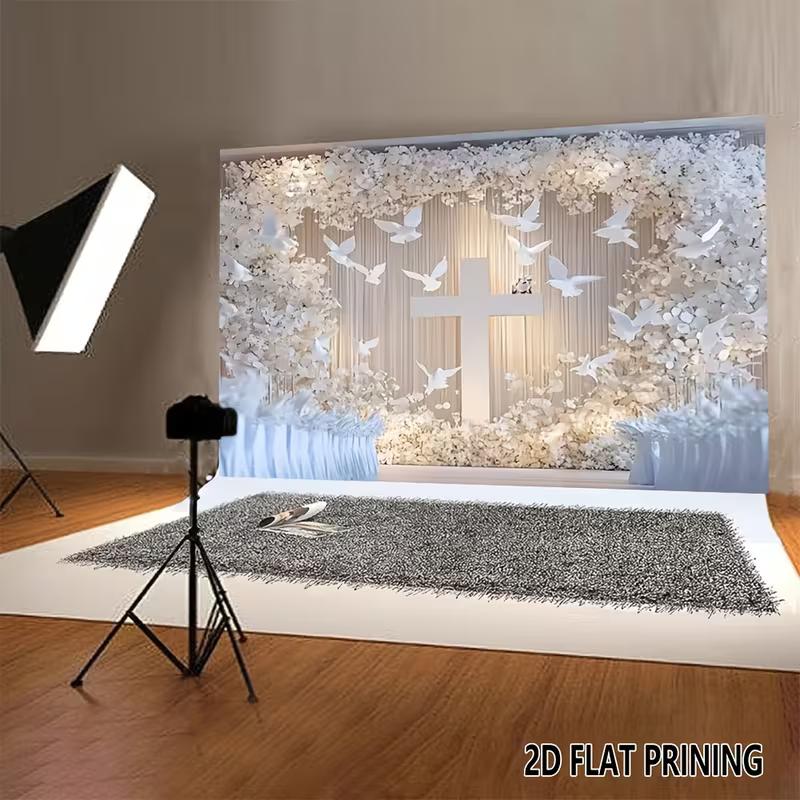 

2D Білий Квітковий Хрест Задній План, Тканина для Фотографії Хрещення та Першого Причастя 47.2x31.5inch/120*80cm