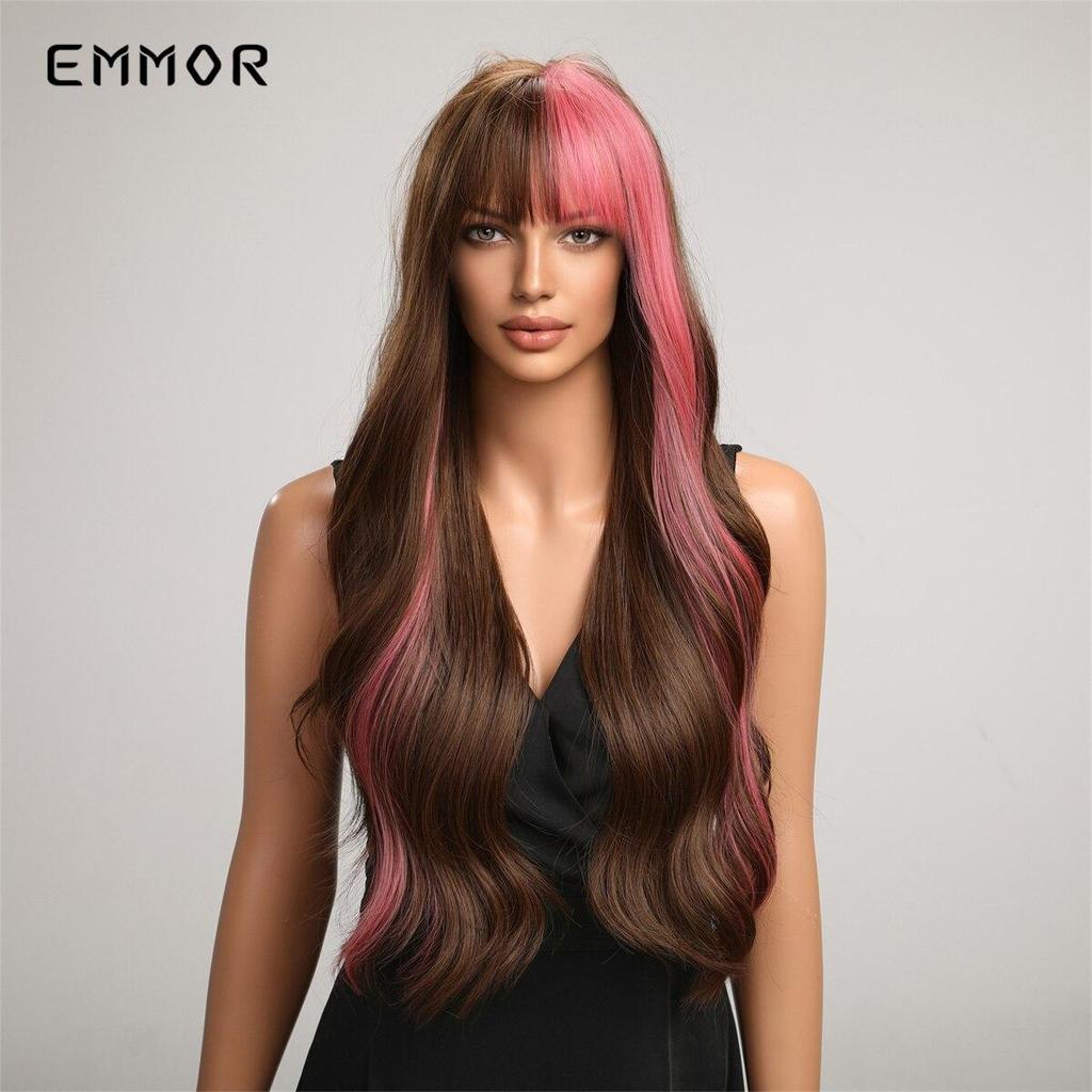Synthetic Balayage Pink Brown Long Wavy Wig for Women with Bangs Party Cosplay Lolita Heat Resistant Fibre Hair Wigs