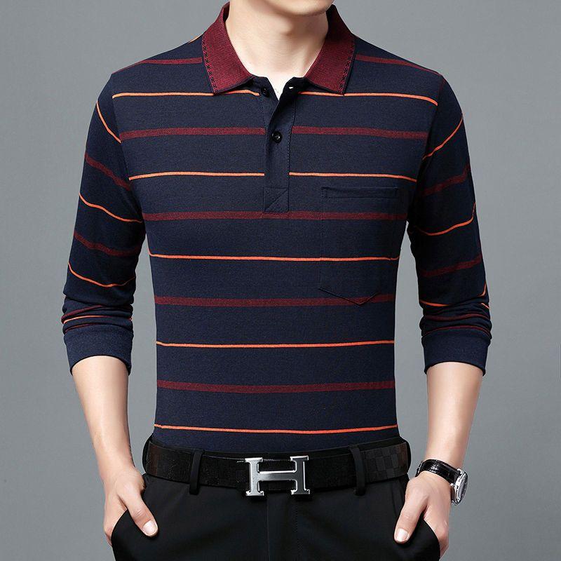 Moda Hombre Nuevo Negocios Camisas Polo Rayadas Coreano Primavera Otoño Casual Manga Larga Solapa Bolsillos Ropa Masculina Algodón Tops 2025