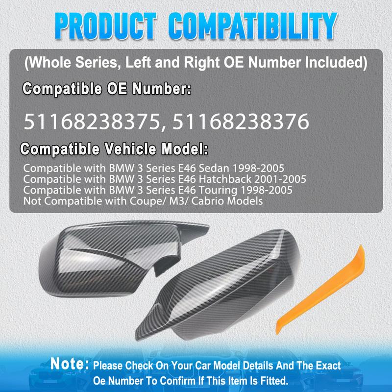 2Pcs Car Rearview Side Mirror Cap Cover Left Right for For BMW 3 Series E46 Sedan Hatchback Touring  51168238375, 51168238376