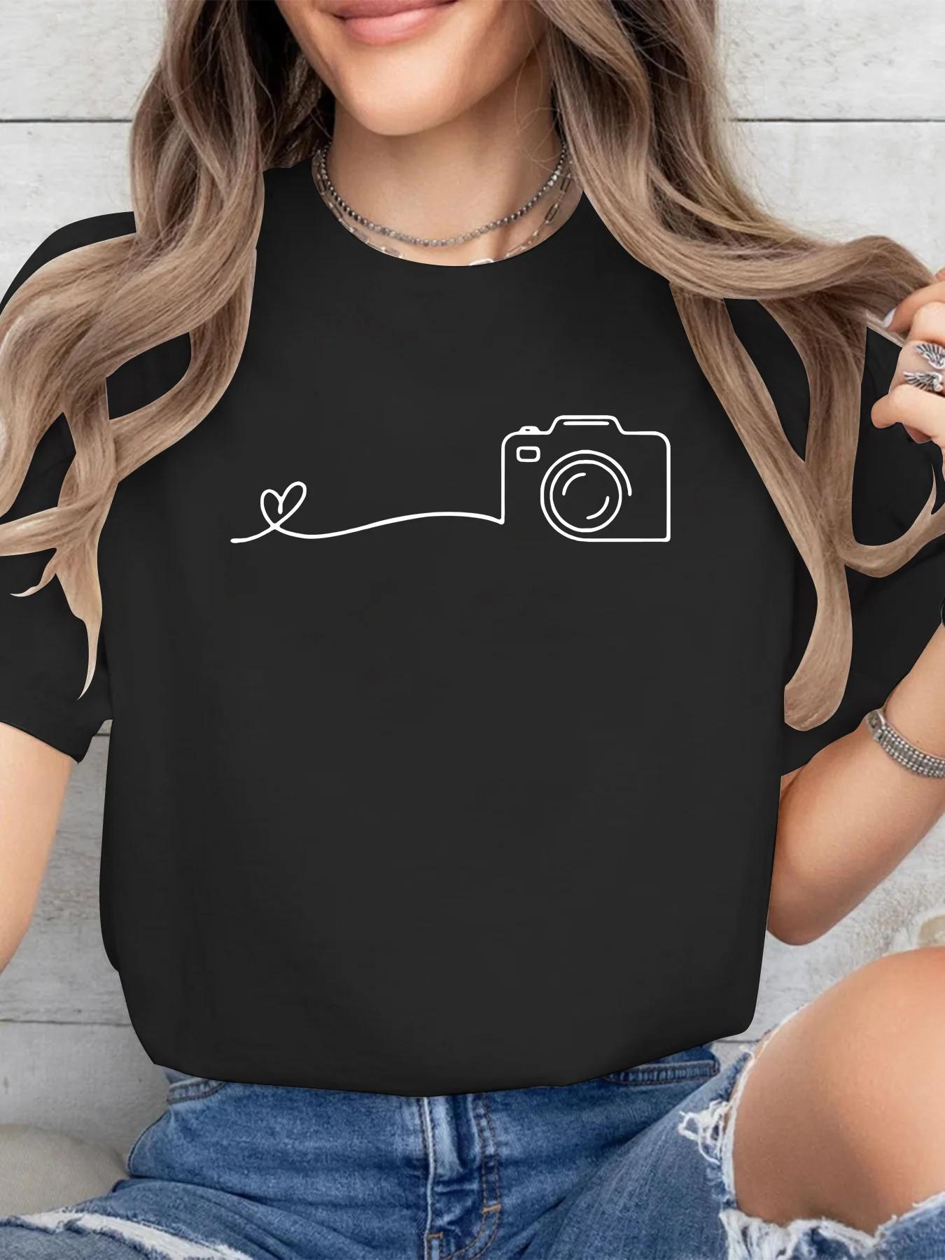 

Geometric heartbeat camera print round neck short Unisex T-shirt for women streetwear S