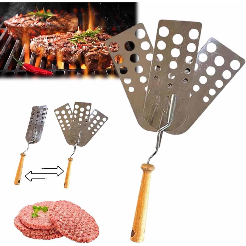 Creative Hot Meat Patty Spatula, Stainless Steel Slotted Burger With Wood Handle, Smashed Burger Press Scraper Tool For Griddle, BBQ