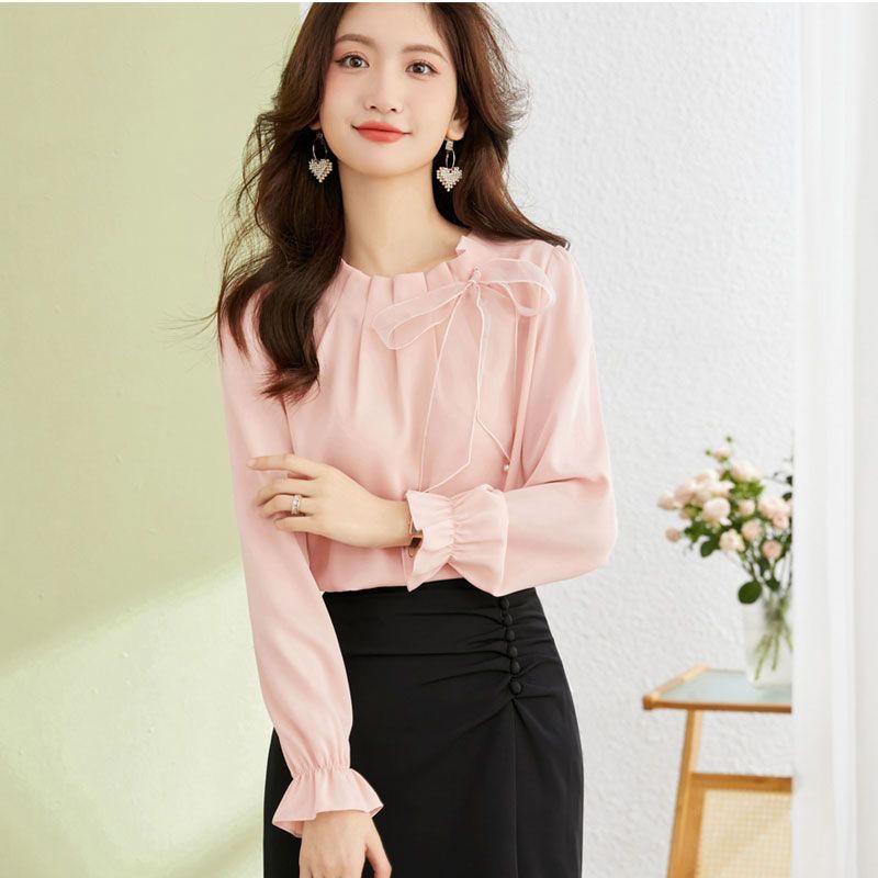 Casual Solid Color Butterfly Bow Sense of Design Blouse Women Long Sleeve O-collar All-match Pleated Chiffon Pullover Shirt