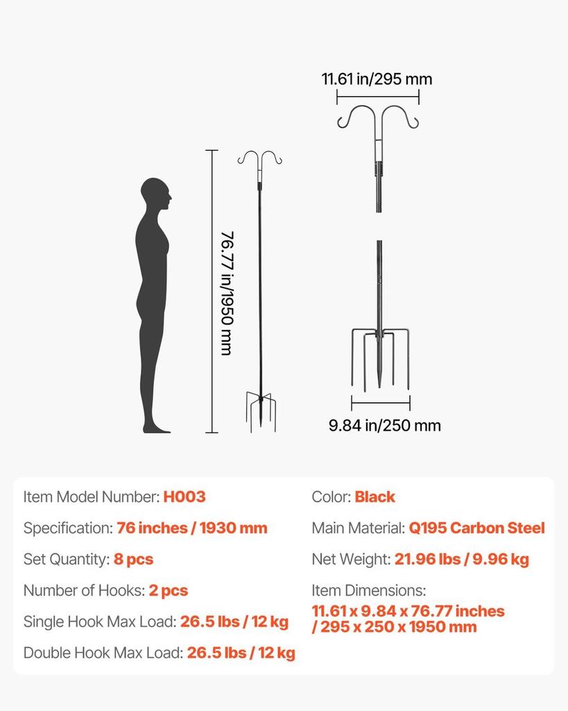 Double Shepherds Hook 8 Pack 1950mm Heavy Duty Bird Feeder Pole