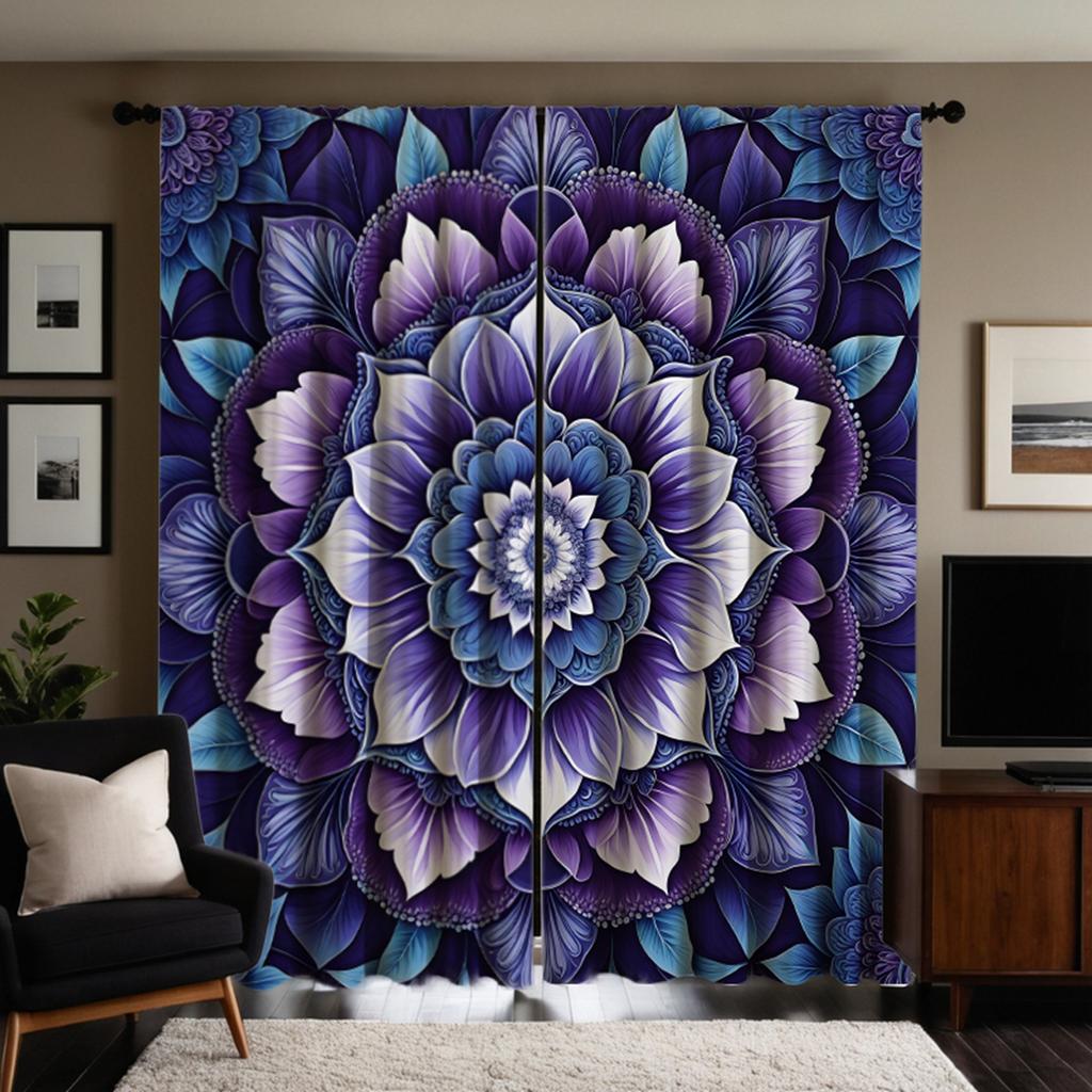2pcs HD Mandala Flower Decorative Curtain Purple Tie Digital Printed Curtain Home Decoration Style Decoration Living Room Bed