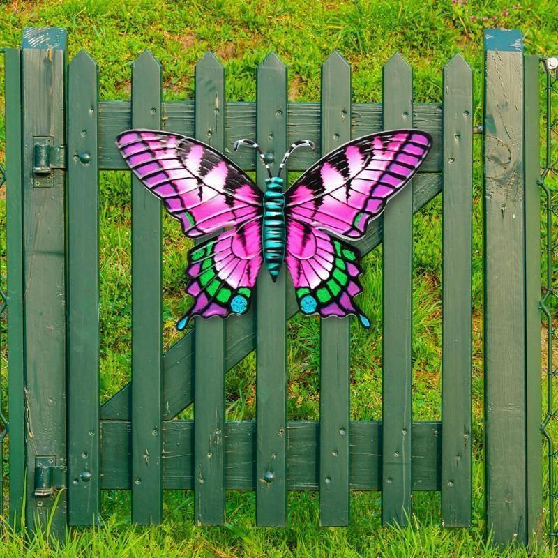 Nova decoração de parede de borboleta de ferro forjado, ornamento de simulação de inseto, arte de jardim, pingente de metal pendurado para sinos de vento internos e externos