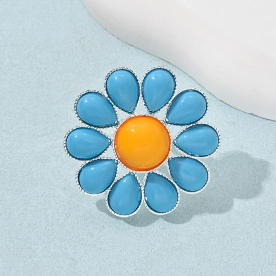 Flower Ring for Women Blue Pedals Large Boho Floral Ring Big Blooming Flower Zinc Alloy Ring for Wedding Holiday Jewelry Gifts
