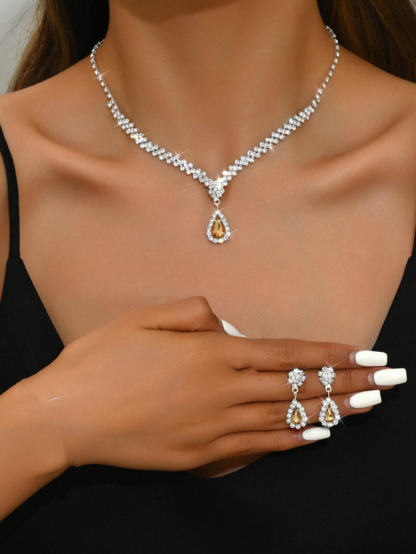 

Новое ювелирное изделие металлическое бриллиантовое ожерелье серьги двухкомпонентный свадебный комплект ювелирных изделий для невесты комбинация