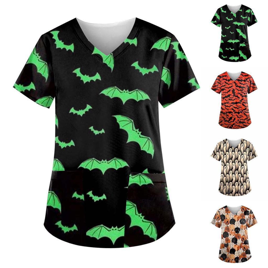 Women's Hallowen Printing Short Sleeve V-neck Tops Working Uniform Pocket Blouse