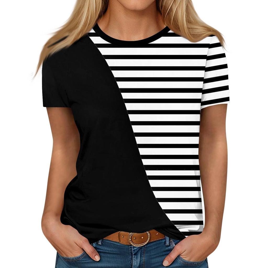 Summer Round Neck 3D Striped Print Top Fashionable Casual Short Sleeved Women's T-shirts