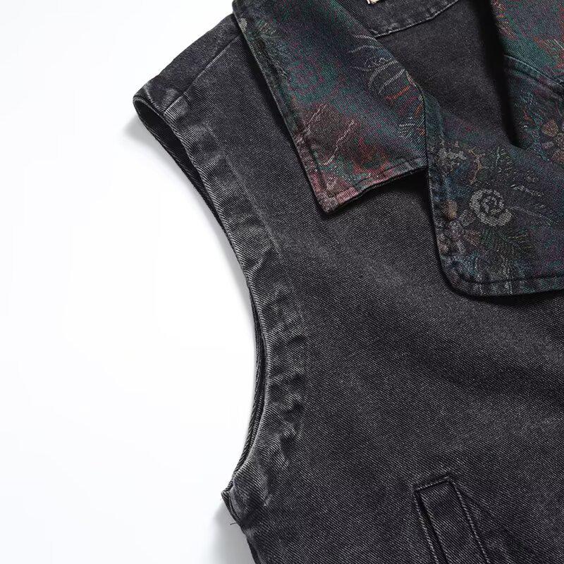 2024 Autumn Women's European & American Style Denim Printed Loose Vest