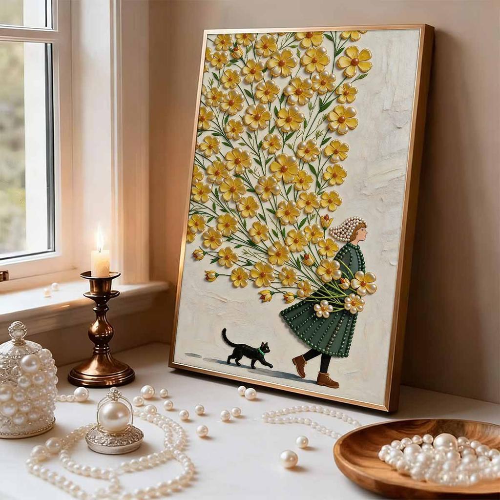 Kit de Pintura DIY 5D Sin Marco Patrón de Niña y Gato con Perlas Adecuado para Decoración de Paredes de Sala de Estar, Dormitorio y Otros Espacios Artísticos