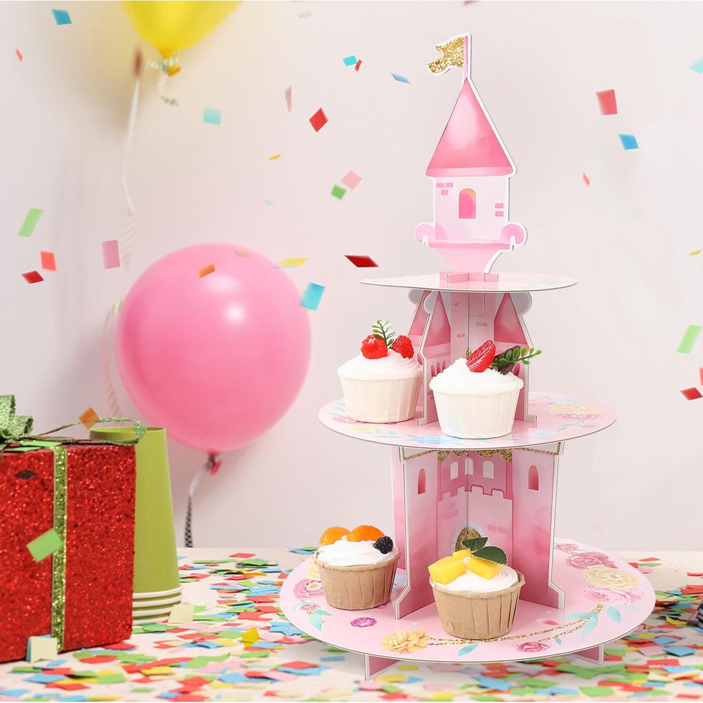 3 Layers Watercolor Princess Cupcake Stand Cardboard Castle Shape Cake Stand for Baby Anniversary Birthday Tea Party Supplies