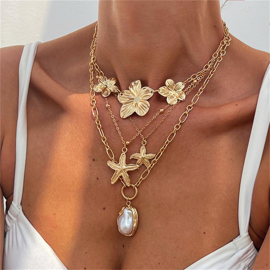 Large Gold Flower Necklace for Women Layered Baroque Pearl Necklace Statement Flower  Necklace Summer Beach Jewelry Gifts