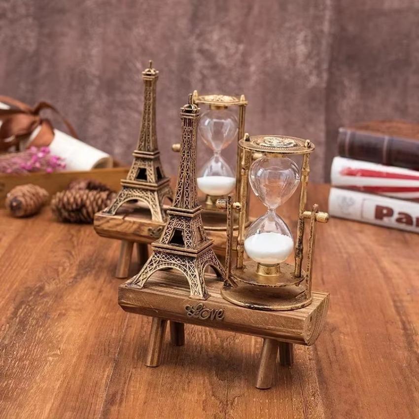 1 Pcs Iron Tower Hourglass Ornaments Simple Modern Home Study Wooden Pendulum Clock Hourglass Ornaments Creative Retro