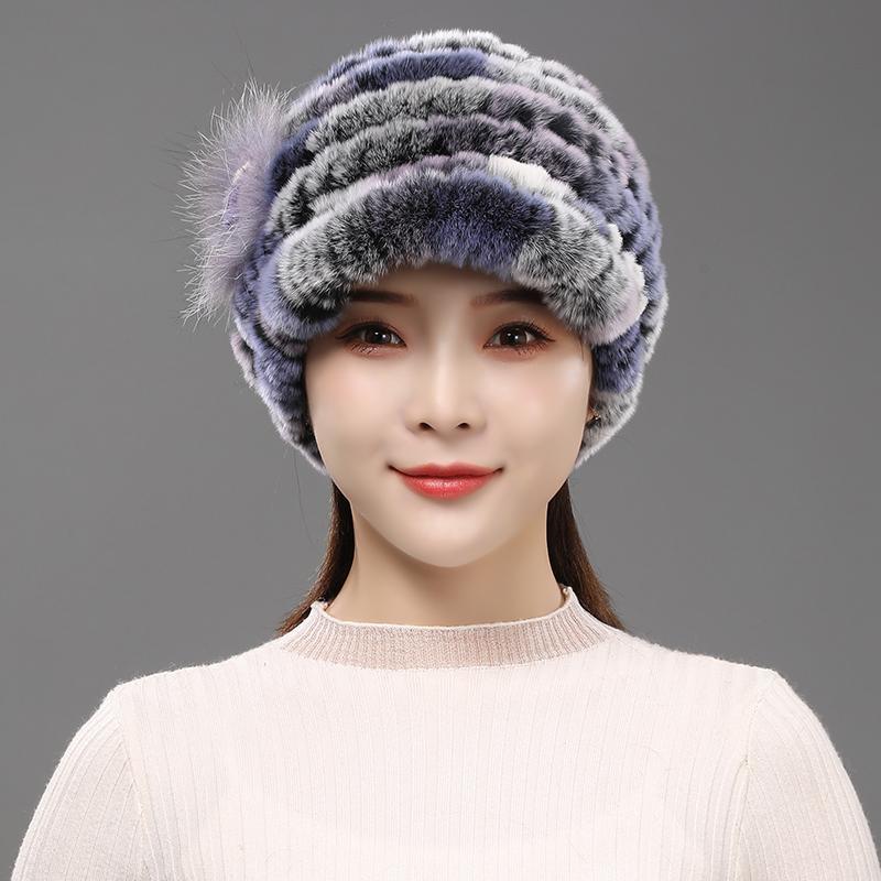 Fur Hat for Women Winter Rex Rabbit Fur Middle-aged and Elderly Ladies Mothers and Grandmothers Fashionable and Warm Knight Cap