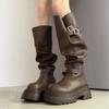 Retro fashion pants boots women's 2025 autumn new thick-soled round head heightening stacking boots but knee boots women
