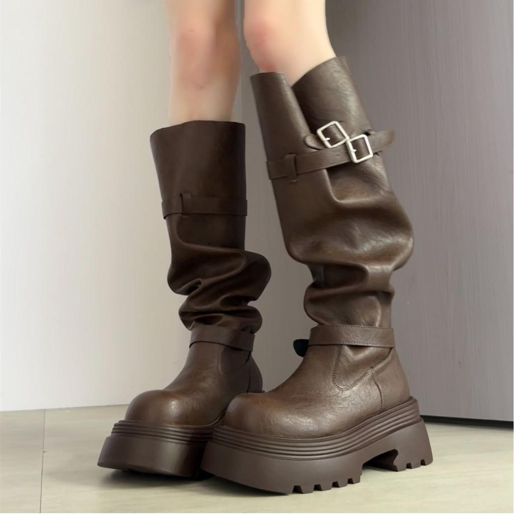 Retro fashion pants boots women's 2025 autumn new thick-soled round head heightening stacking boots but knee boots women