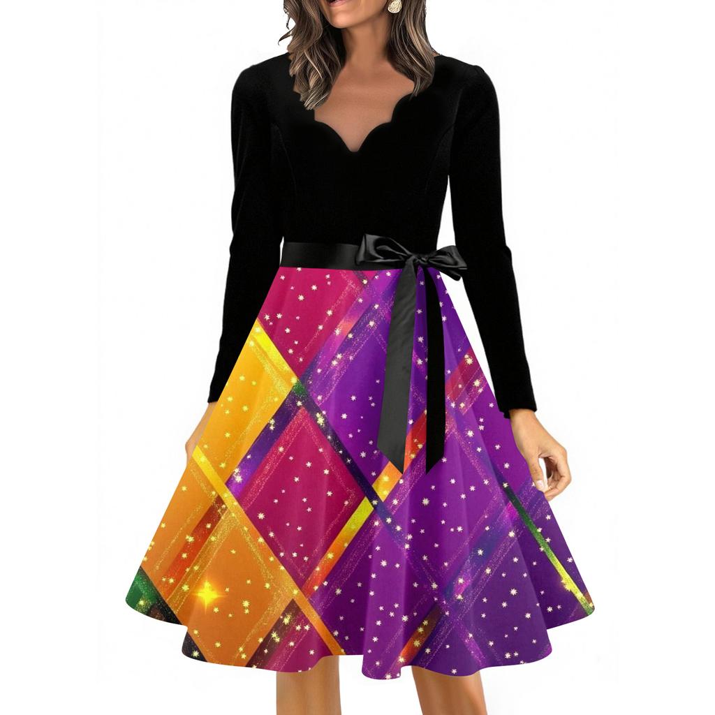 Women's Casual Fashion V Neck Long Sleeve Printed Vintage Long Dress