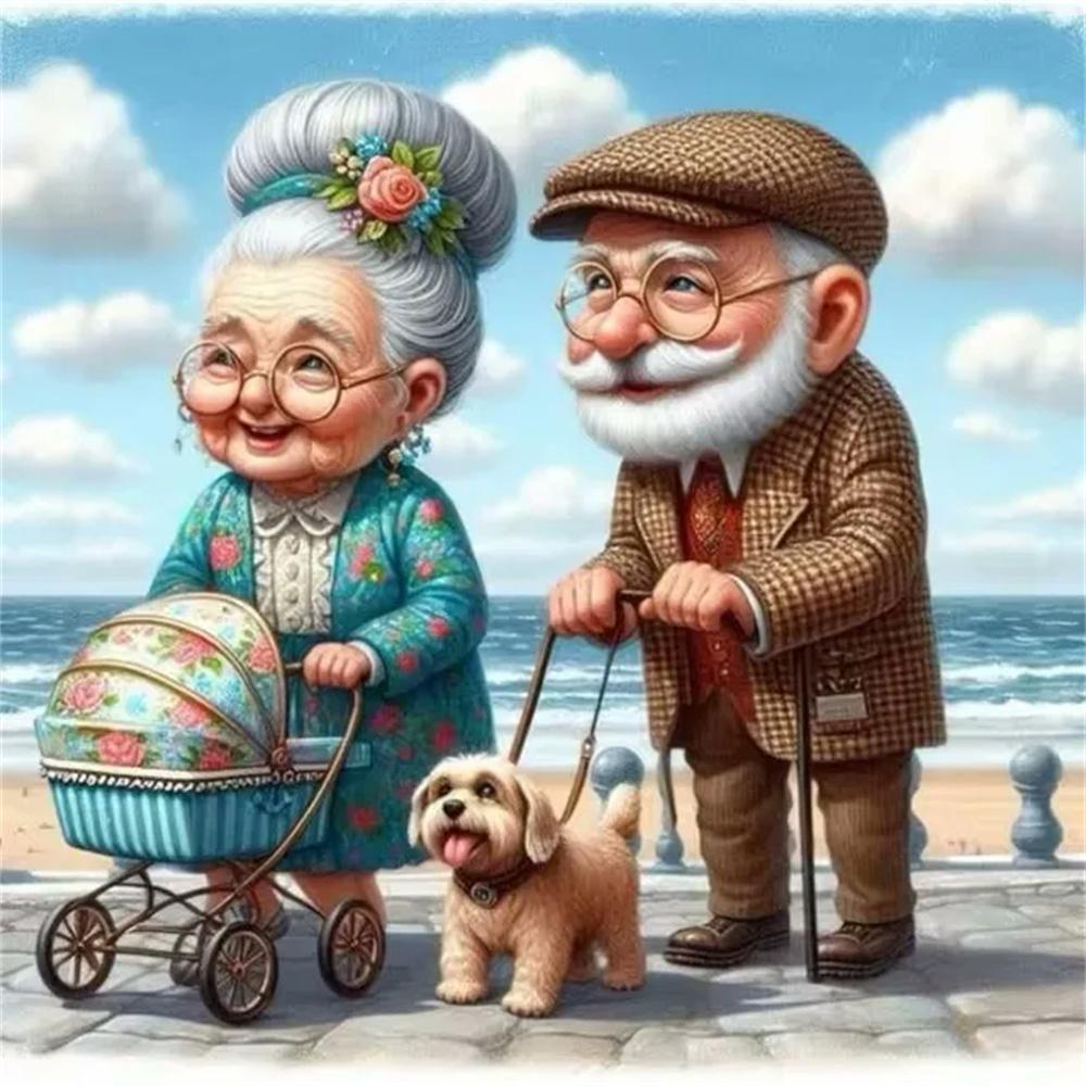 Cartoon Happy Old Couple 5D Full Round Diamond Painting Kits, Cute Grandma and Grandpa DIY Drills Mosaic Embroidery Cross-stitch
