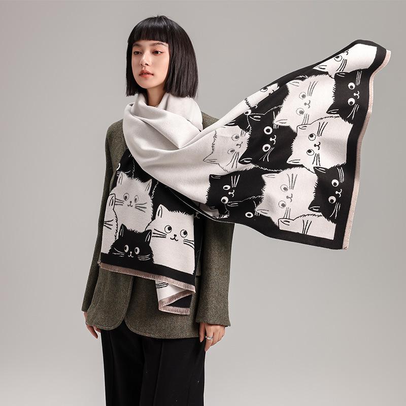 2024 Cozy Cartoon Cat Cashmere-Feel Shawl - Women's Autumn/Winter All-Match Accessory