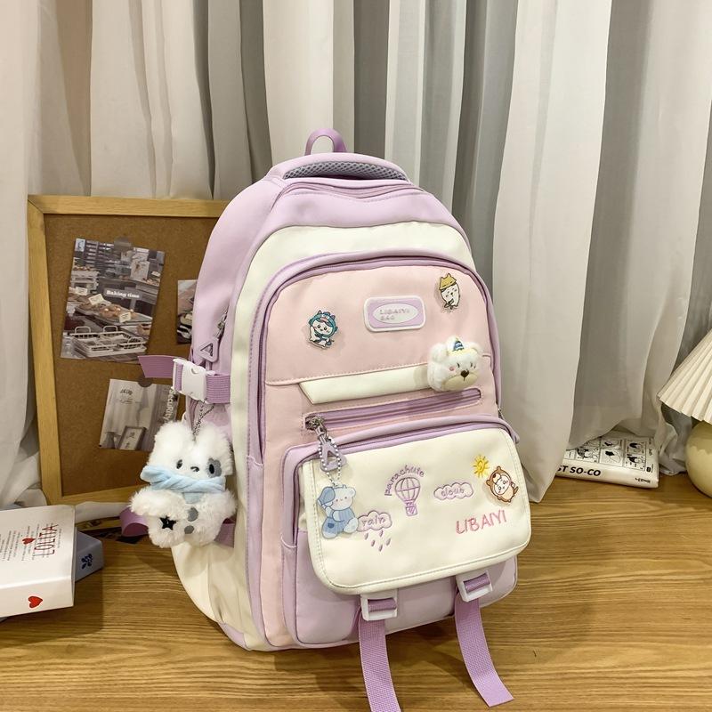 Contrasting Color Junior High School Students' Large Capacity Schoolbags  Female High School Students' Shoulder Bags  Balloon Badges and Backpacks