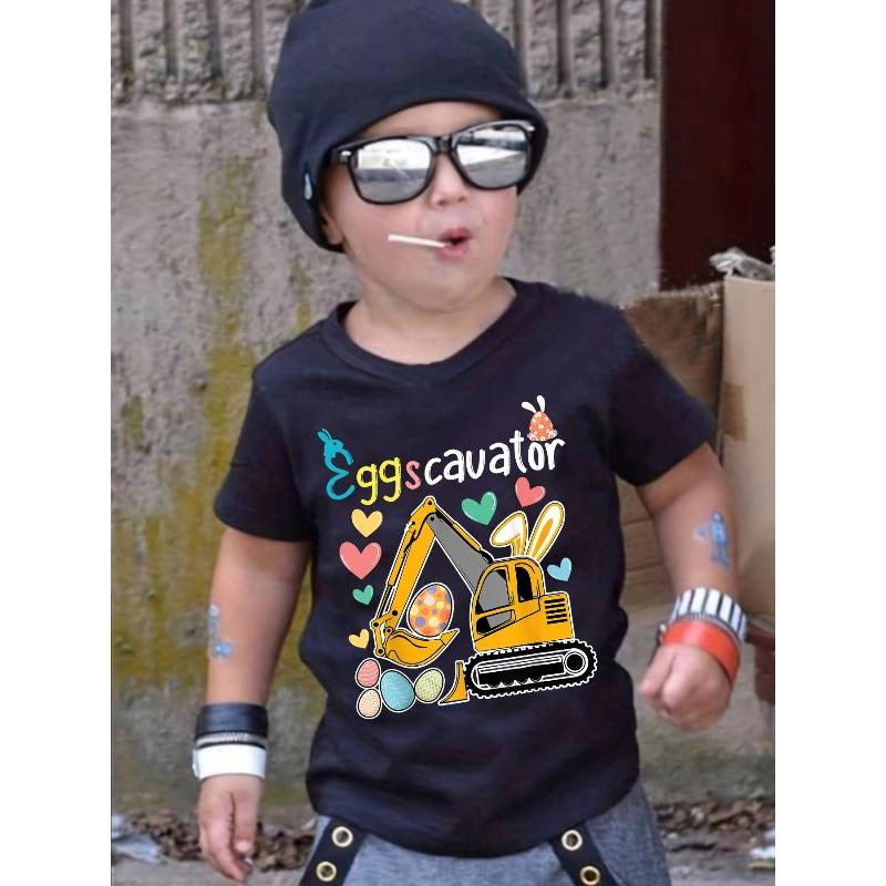 

European sizes Boys Easter Summer Fashion EGGS CAVATOR Cartoon Rabbit Excavator Print T-Shirt, Casual Crew Neck, Short Sleeve 164cm чорний