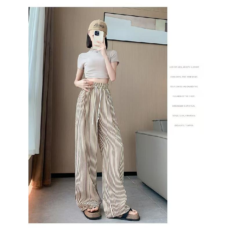 Striped Wide-leg Pants for Women, Summer Korean Style New Casual Pants, Casual and Slimming, Elastic Waist, Loose and Draping, Floor-length
