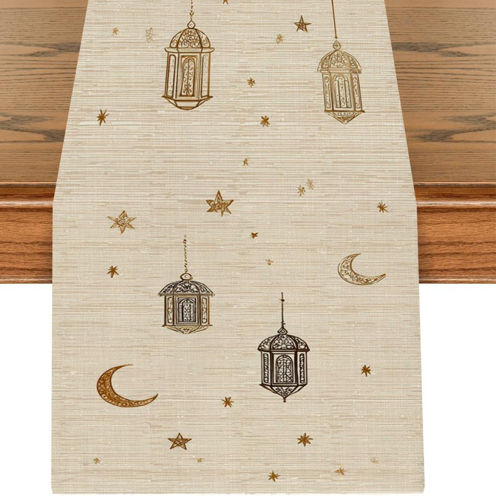 Floral Pattern Moon Star Table Runner Vintage Dinner Table Cloth  Ramadan Celebration