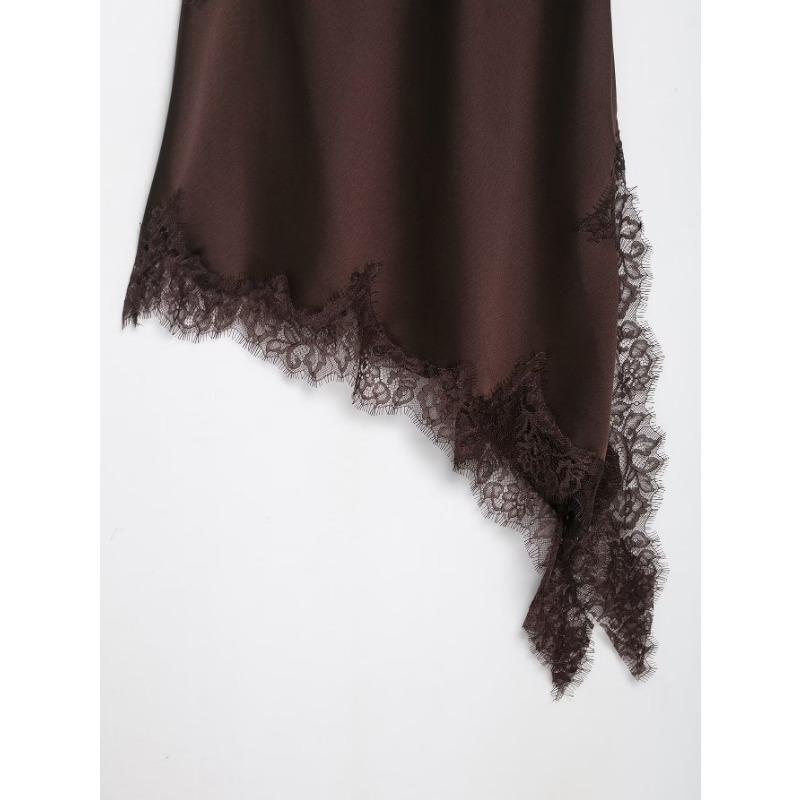 Vestido Mini de Fiesta Sexy para Mujer con Retazos de Satén y Encaje, Espalda Descubierta, Asimétrico, Tirantes Finos
