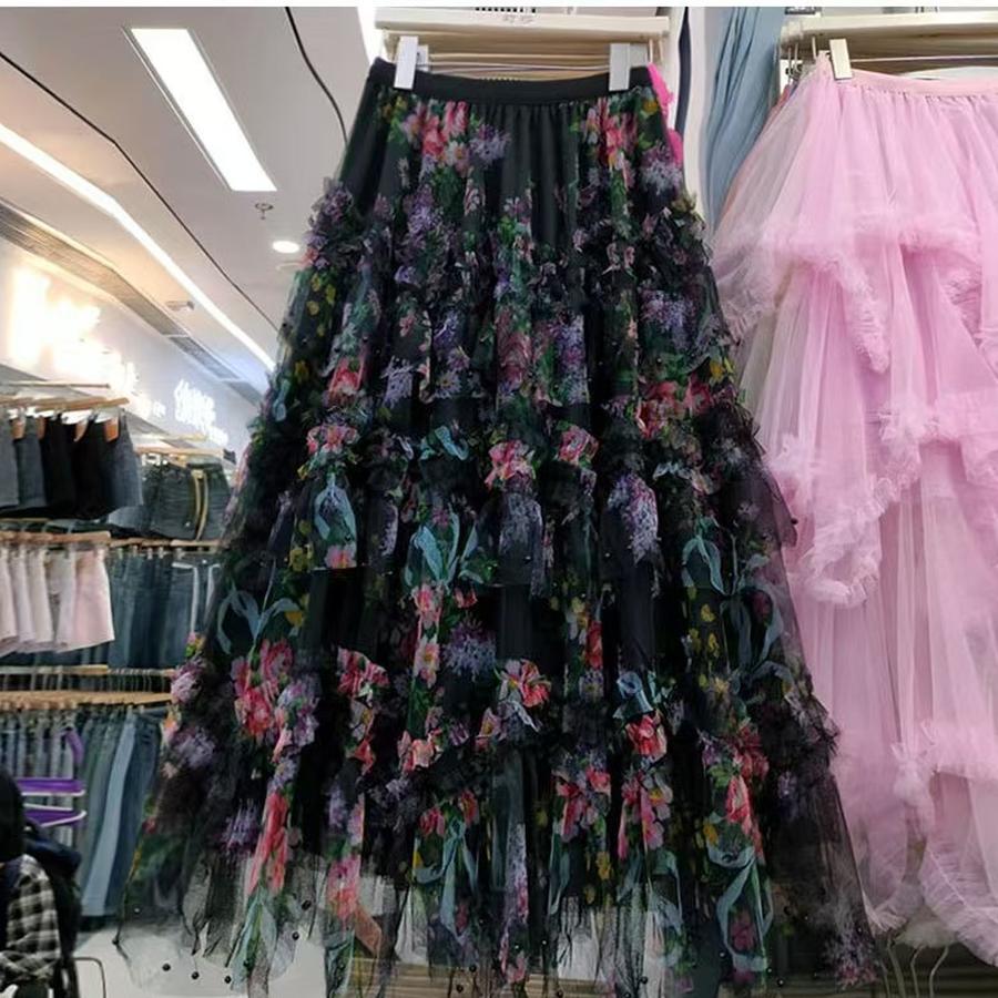 Reinforcement Nail Pearl Patchwork Printed Mesh Cake Dress Half Skirt for Girls New Hollow Out Long Dress