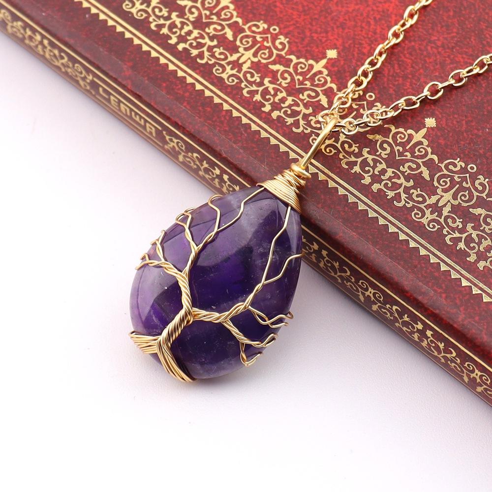 Natural Stone Crystal Agate Water Drop Winding Silk Tree Of Life Pendant Necklace Sweater Chain Water Drop Rough Stone N781