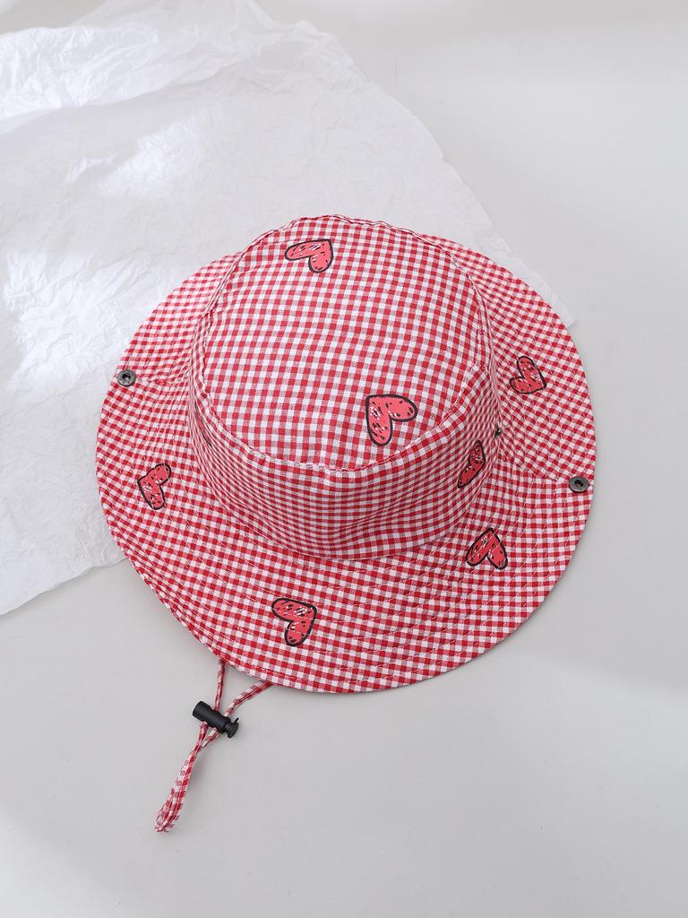 Summer Parent-Child Plaid Heart Wide Brim Sun Hat - Stylish Travel Vacation Fisherman Hat for Kids with Sun Protection