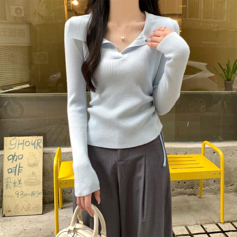 A Short Drawstring Waist Polo Collar Long-sleeved Knitted Sweater Women's Spring and Autumn Bottoming Shirt Top