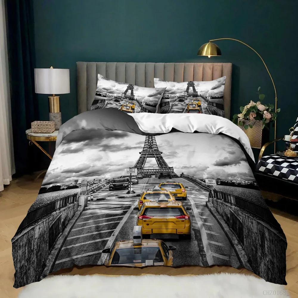 Retro Architektoniczny Poszwa na Kołdrę Kobieta w Czerwonej Sukni Gra na Skrzypcach przy Wieży Eiffla Podwójna Queen King Poliester Poszwa na Kołdrę