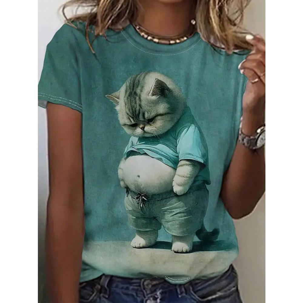 Cute Cat Print T-Shirt For Women Graphic Tees Women Tops