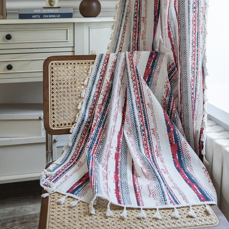 Curtains Finished Striped Print Fringe Small Window Dining Room Valance Cotton Linen Semi-blackout Living Room Bedroom Balcony