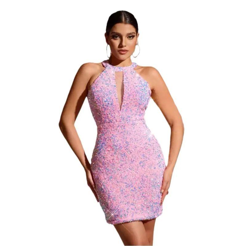 

European and American Sexy Women clothes Sequins Dress round Leader Sheath Short Gowns Sexy Women Party Dress Pink S