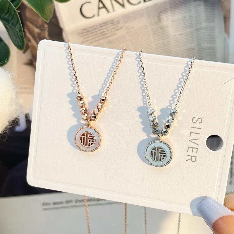 S925 Sterling Silver Necklace Female Round Brand Blessing Shell Pendant Clavicle Chain