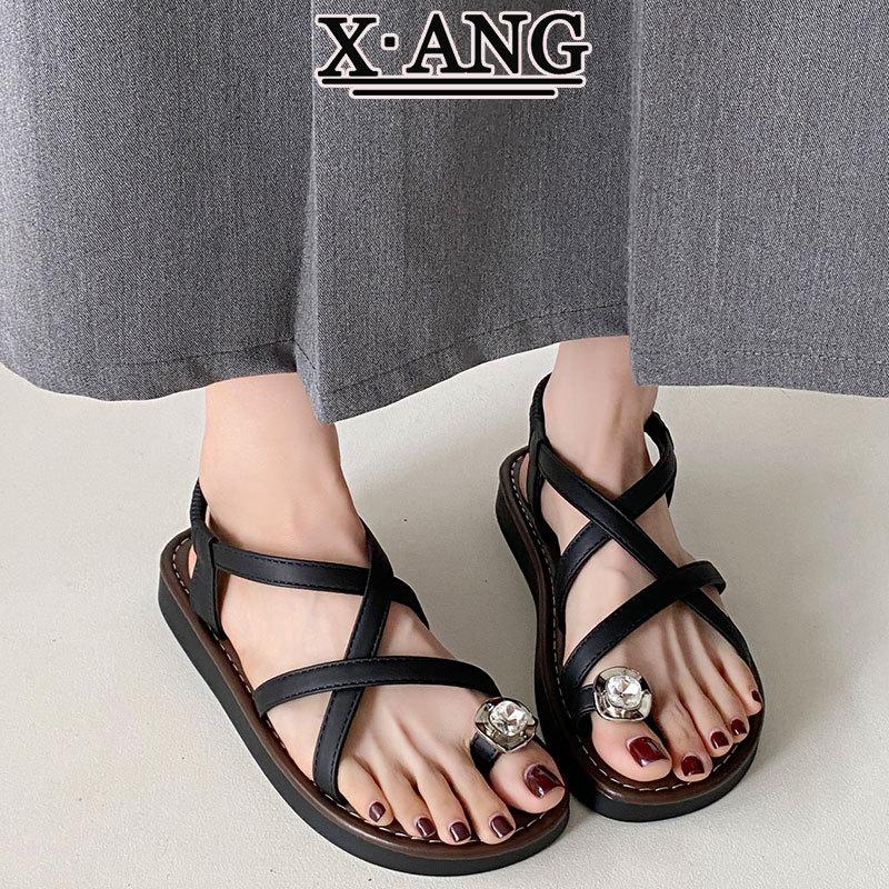 

Cowhide version soft-soled rhinestone cover-toed sandals women s summer wear with skirt holiday style flat-toed Roman women s shoes 35