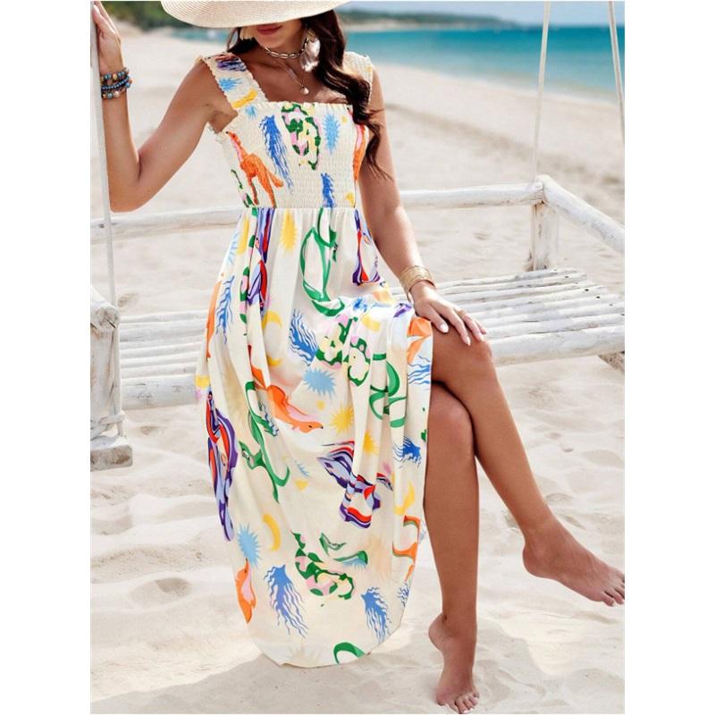 Summer New Style Women's Ladies Dress Printed Front Cross Sleeveless Loose Casual Beach Dress