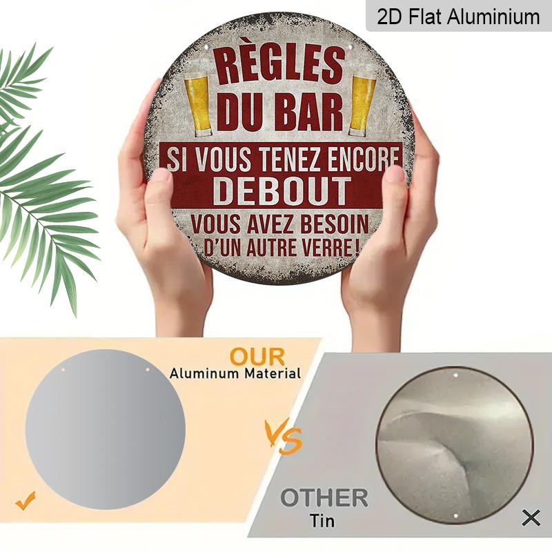 2D Flat, 1pc 2D Flat, 7.87x7.87 Inch Round French Aluminum Sign, Vintage "Bar Rules" Decorative Plaque, Bar Decor Sign for Restaurants, Bars, Cafes