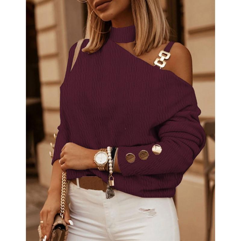 Autumn Winter Fashion Sexy Slanted Shoulder Chain Pullover Tops  Off Shoulder Long Sleeved Casual Simple Streetwear Blouse Knit Solid Turtleneck Shirt