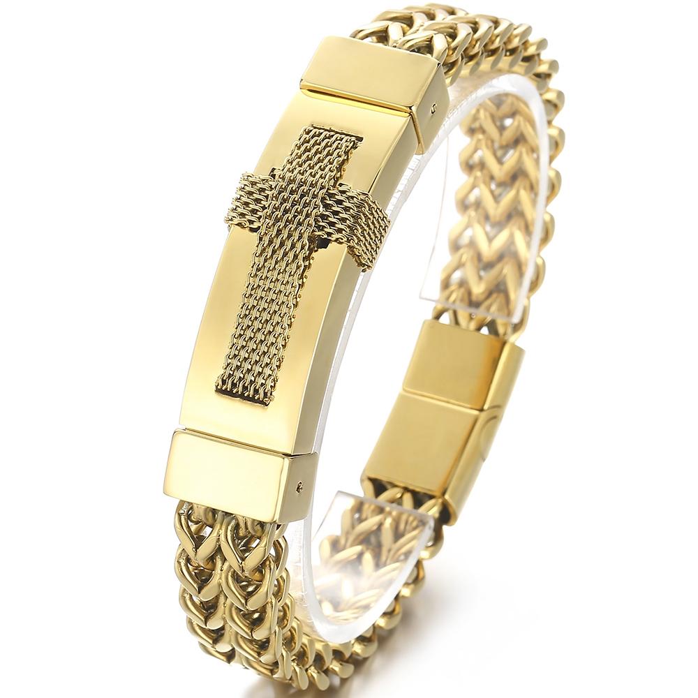 Gold Color Stainless Steel Cross Bracelets for Men Cool Men's Bracelet with Magnet Clasp Christian Male Jewelry Engraveable