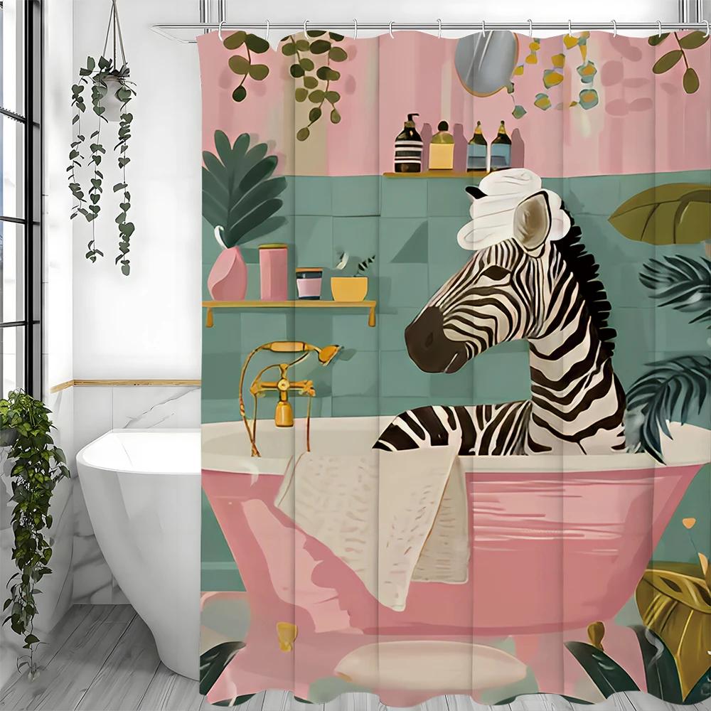 

Bathroom Zebra Shower Curtain, Floral Plants, Pink Walls and Bathtub Green Tile Bathroom Decorative Shower Curtain, Waterproof S W90XH180cm
