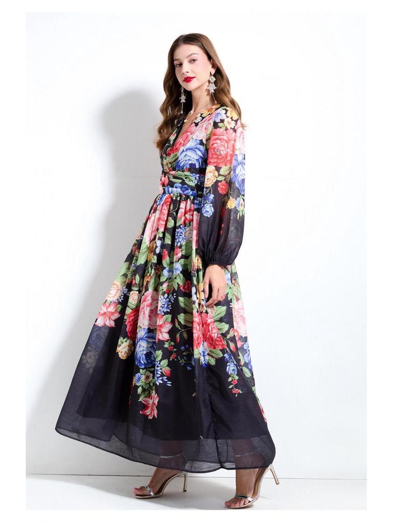 2025 Spring/Summer Floral V-Neck Lantern Sleeve Dress with Ruched Waist & Ruffle Hem